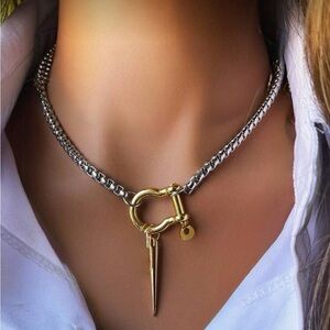 Western Horseshoe Necklace with long tapered Pendant - Silver and Gold